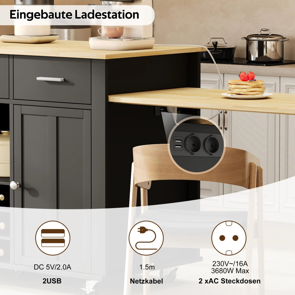 Isola cucina mobile con piano estensibile e prese USB