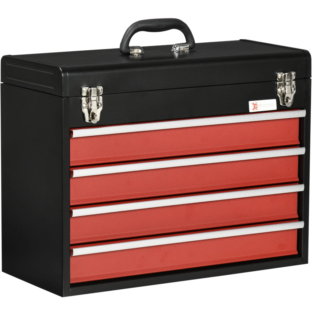 Cassettiera per utensili in acciaio con 4 cassetti e serratura, 51x22x39,5 cm, nero e rosso