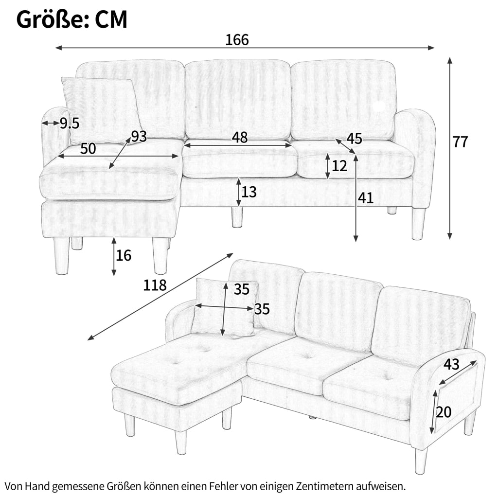 Divano angolare a L 3 posti con chaise longue 166x118x77 cm, tessuto in corda, gambe in plastica, design modulare