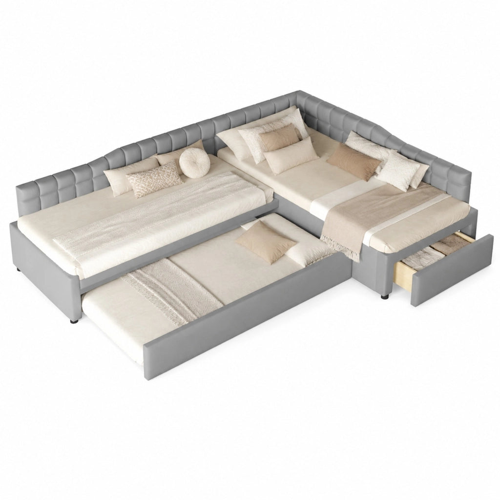 LETTO Imbottito a L 90x200 cm con Letto Estraibile e Cassetti Grigio