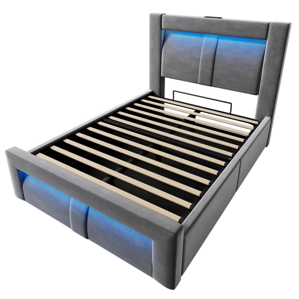 Letto singolo 90x200 cm in velluto grigio con contenitore, illuminazione LED smart e stazioni di ricarica USB e Type-C, senza materasso