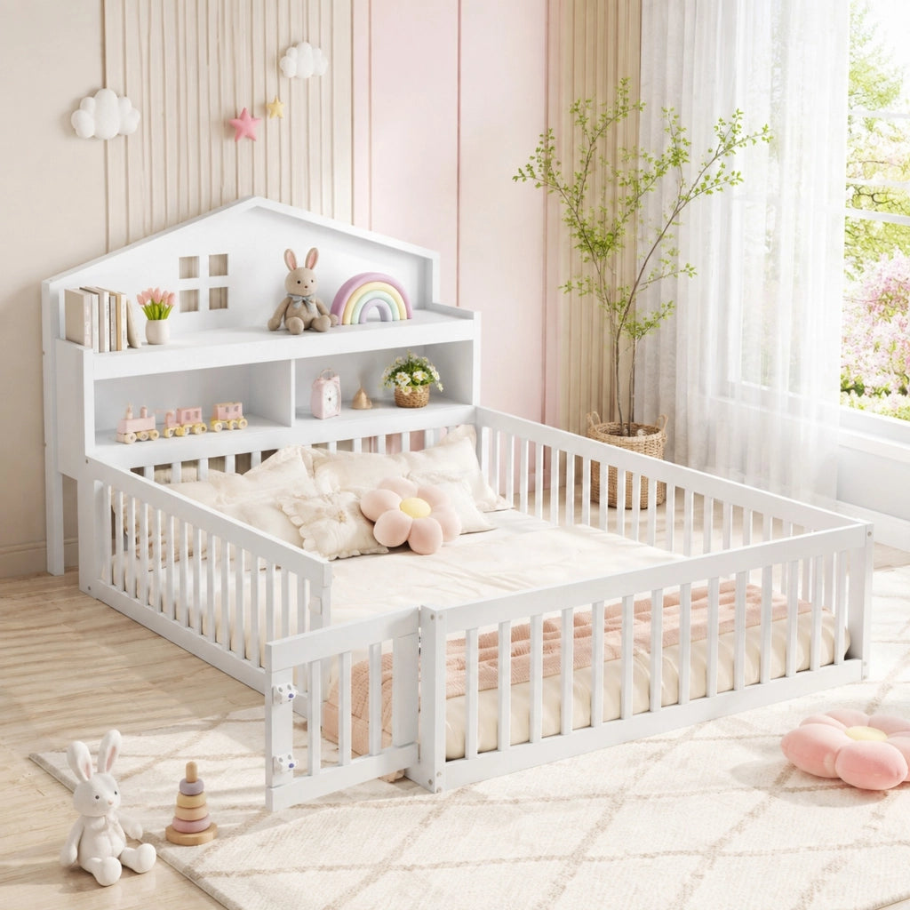 Letto a casetta per bambini 140x200 cm bianco con lavagna