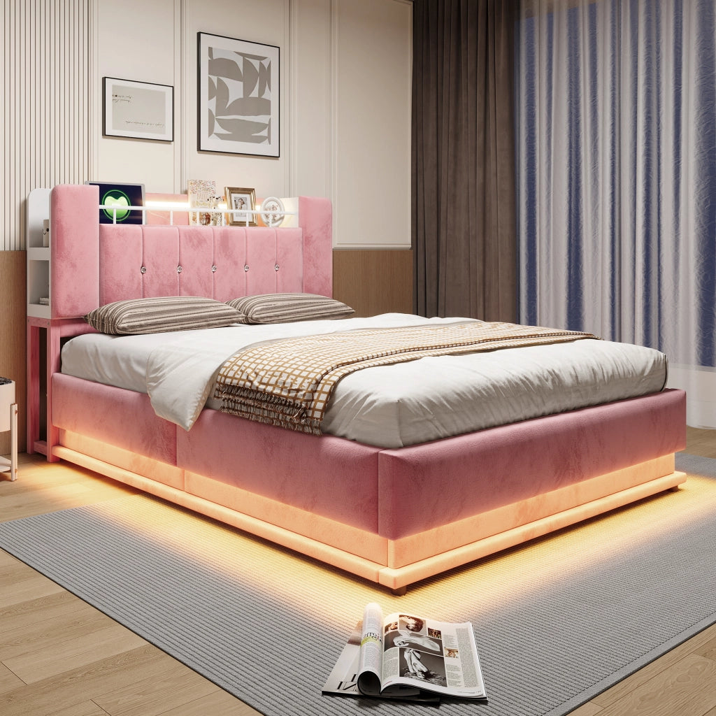 Letto imbottito 140 × 200 cm con vano idraulico LED e USB rivestito in velluto rosa struttura in metallo