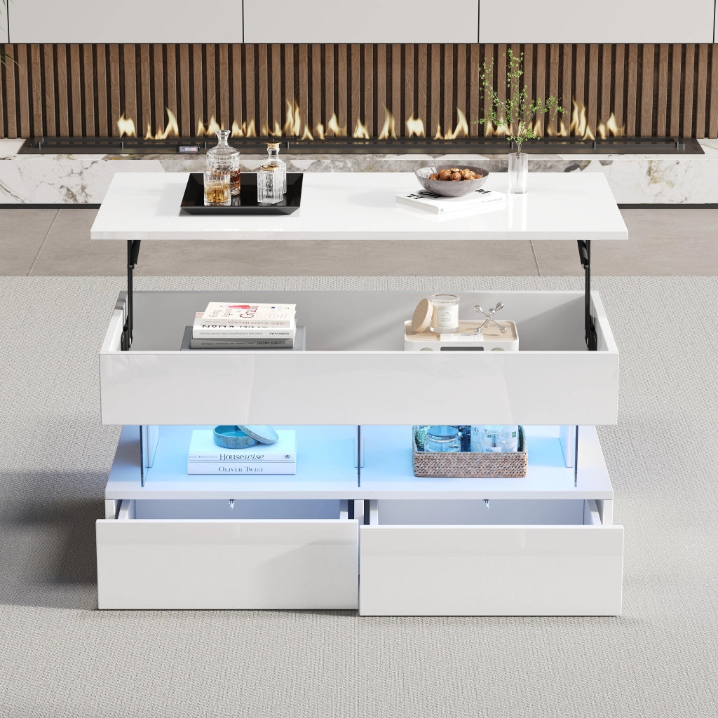 Tavolino da salotto elevabile con 2 cassetti, vano nascosto, LED, ripiano aperto e finitura lucida bianca, 100 × 50 × 46 cm