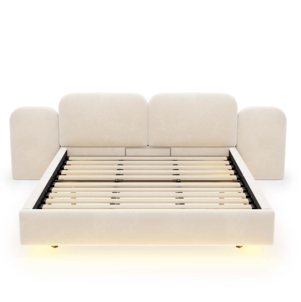 Letto matrimoniale contenitore 180x200 cm in velluto beige con LED RGB e prese USB-C HOMVRA