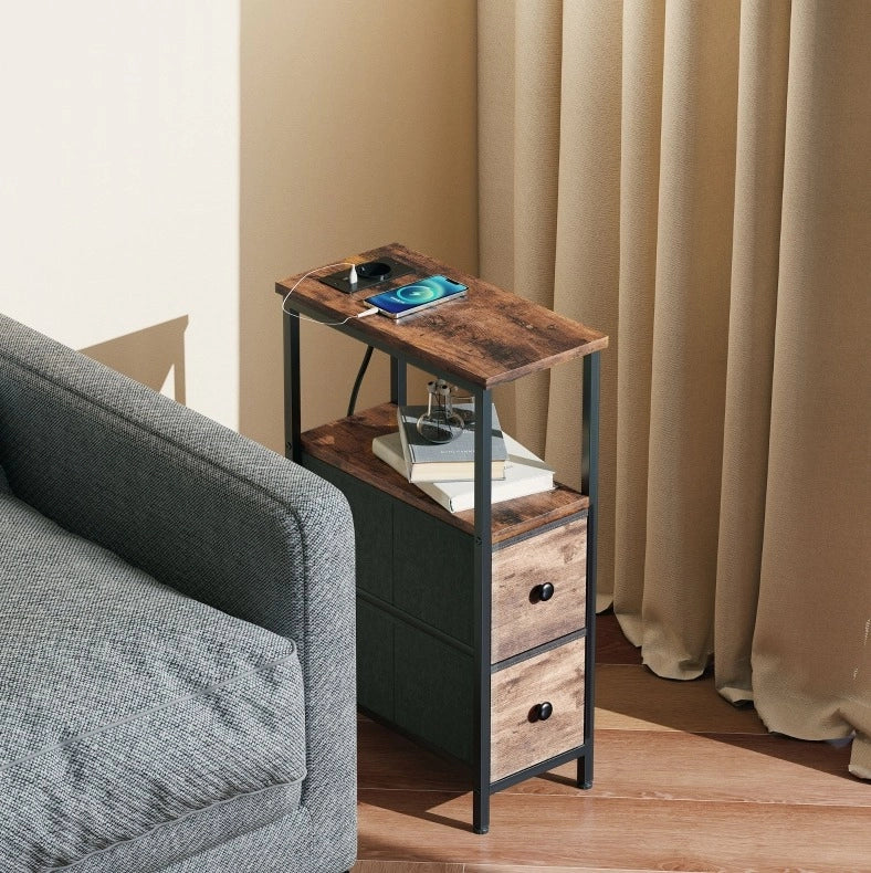 Tavolino 40x20x63 cm in legno e acciaio, marrone rustico, con ricarica