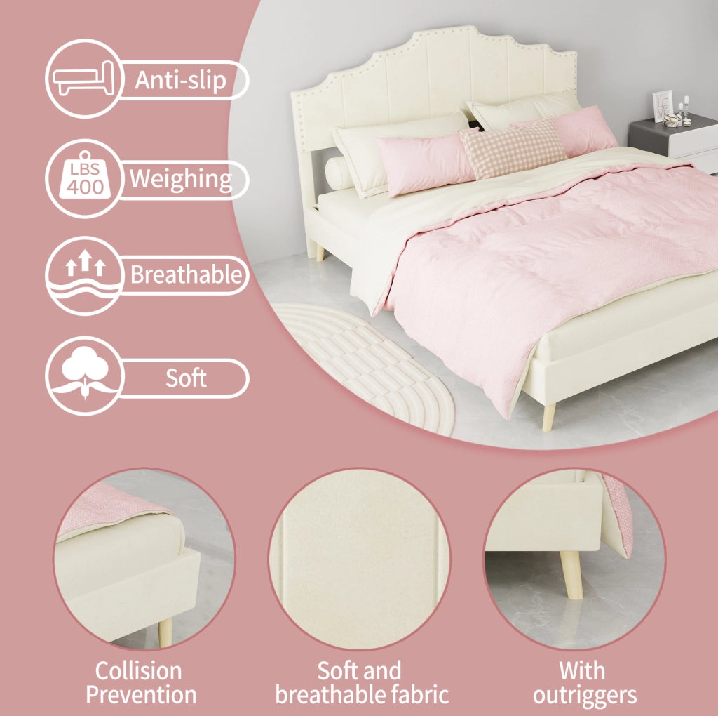 Letto moderno minimalista 160x200 cm beige con testiera imbottita e materasso incluso