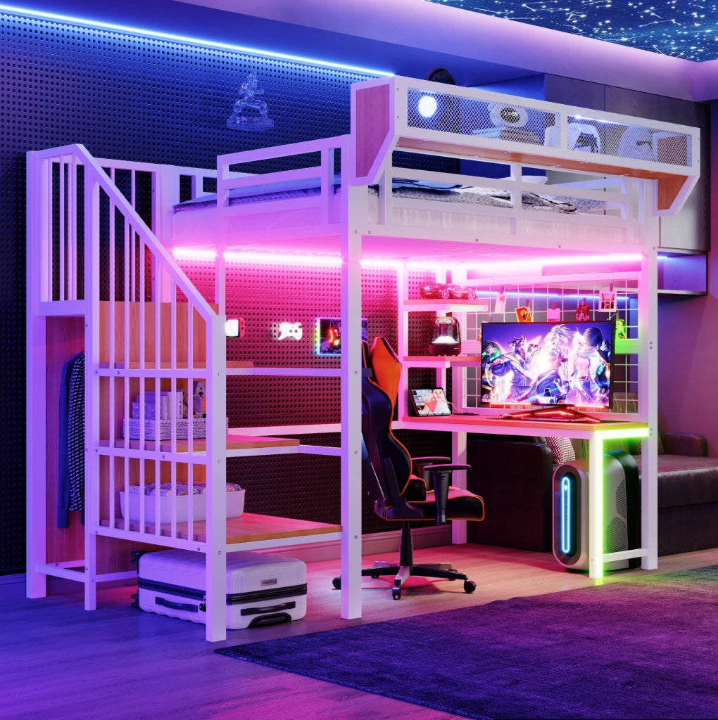 Letto a soppalco in metallo 90x200 cm con scrivania; scaffali; LED e prese; bianco