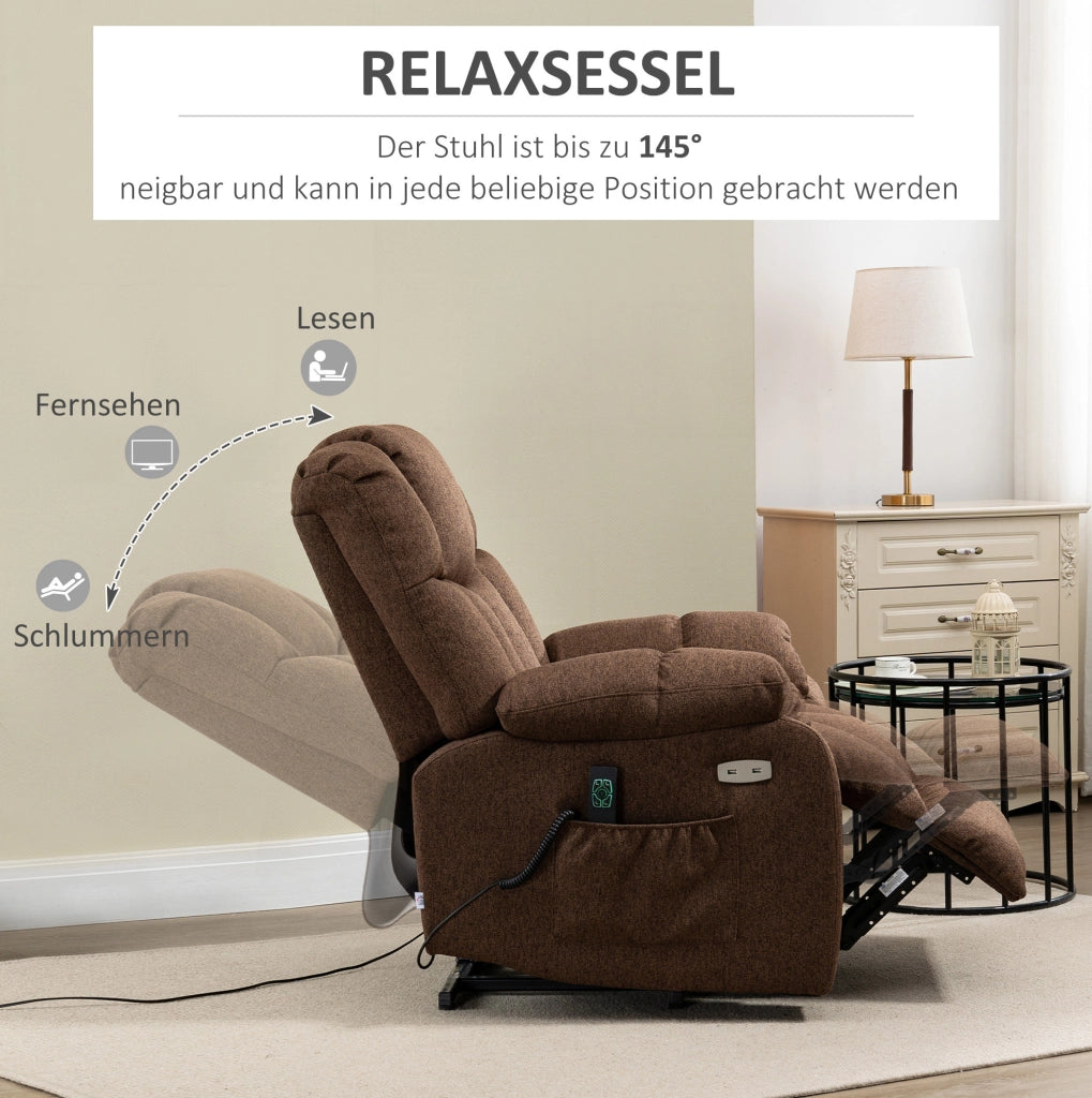 Poltrona Relax Elettrica con Funzione Alzapersone, Schienale Recl. 145°, Telaio Acciaio, Poliestere Marrone 92x95x107 cm