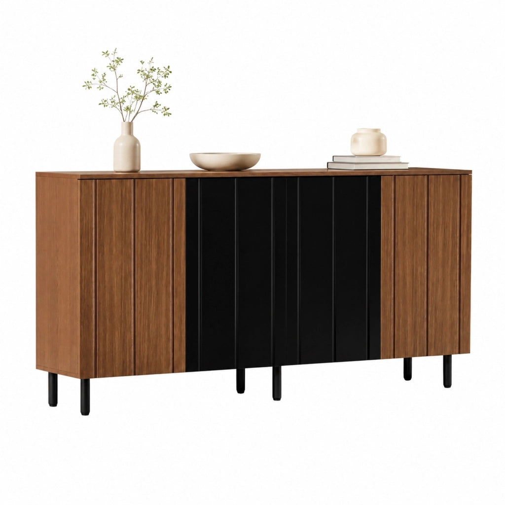 Credenza con 4 ante e ripiani regolabili per cucina e sala da pranzo, in truciolare noce e nero, 160 × 35 × 80 cm