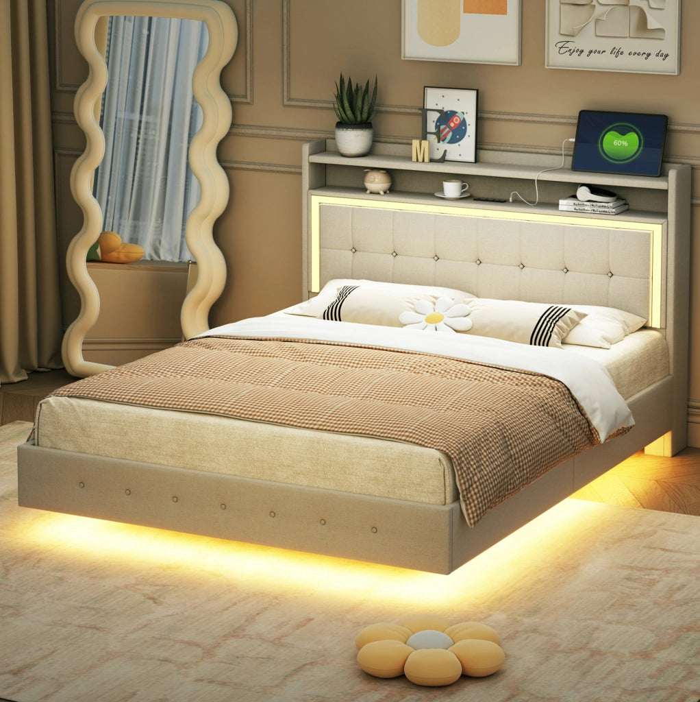 Letto imbottito matrimoniale 140x200 con USB e LED; beige