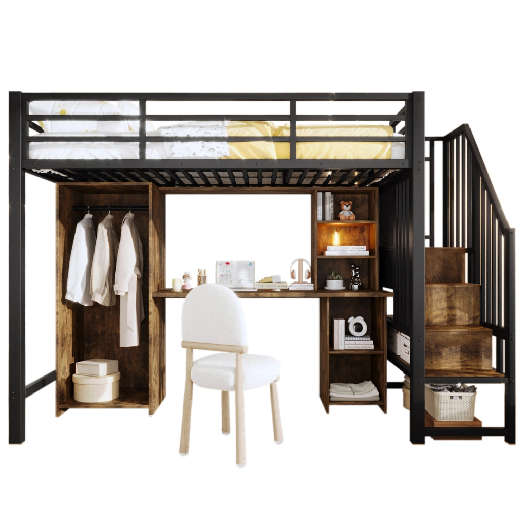 Letto a soppalco 90x200 cm con armadio, scrivania e vani contenitori