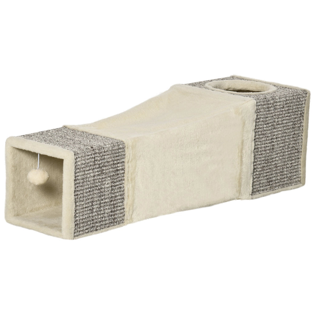 Tunnel per Gatti Pieghevole con Casette, Tiragraffi e Pallina in Peluche e Sisal, Crema