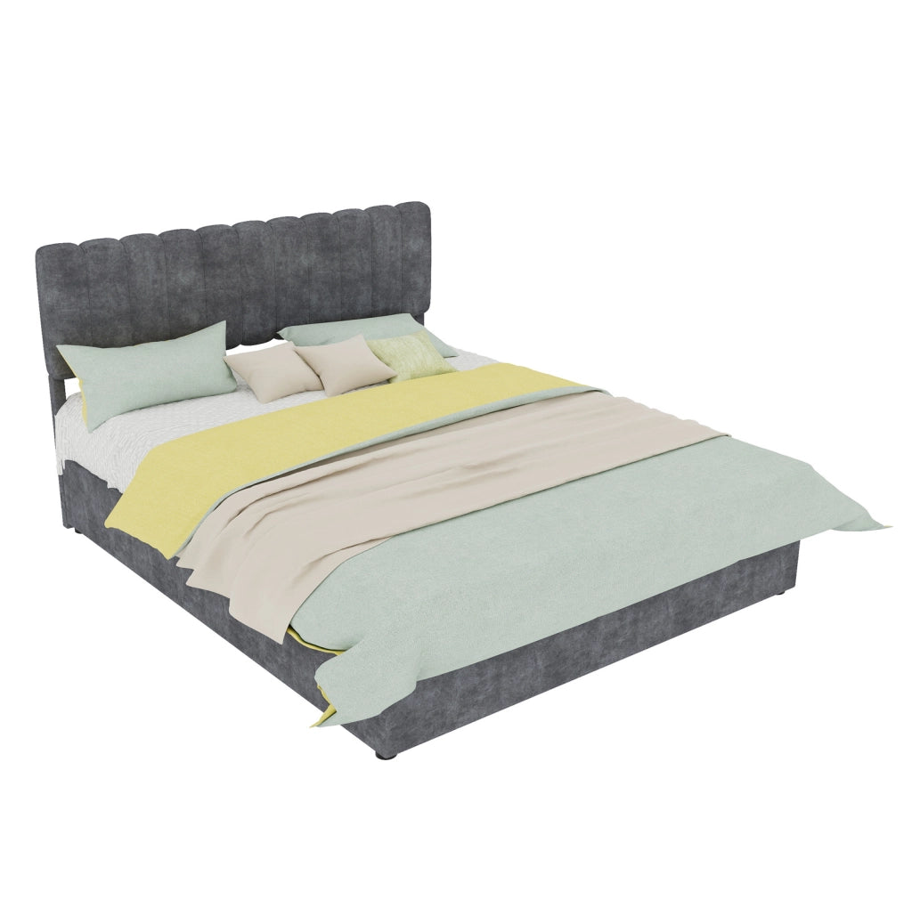 Letto imbottito moderno 160x200 cm con testiera morbida grigio e contenitore con meccanismo a gas