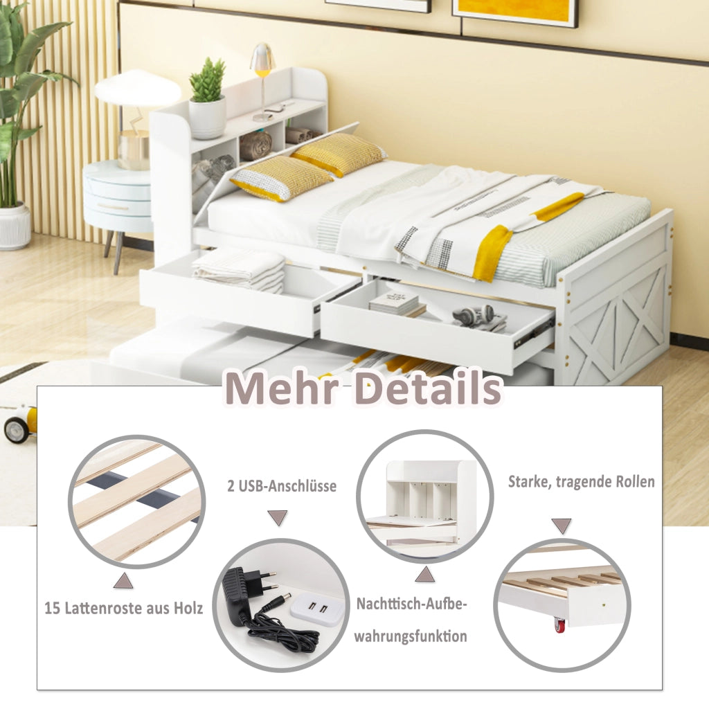 Letto con letto estraibile 90 × 190 cm con 2 cassetti comodino con vano e USB in legno bianco con rete a doghe