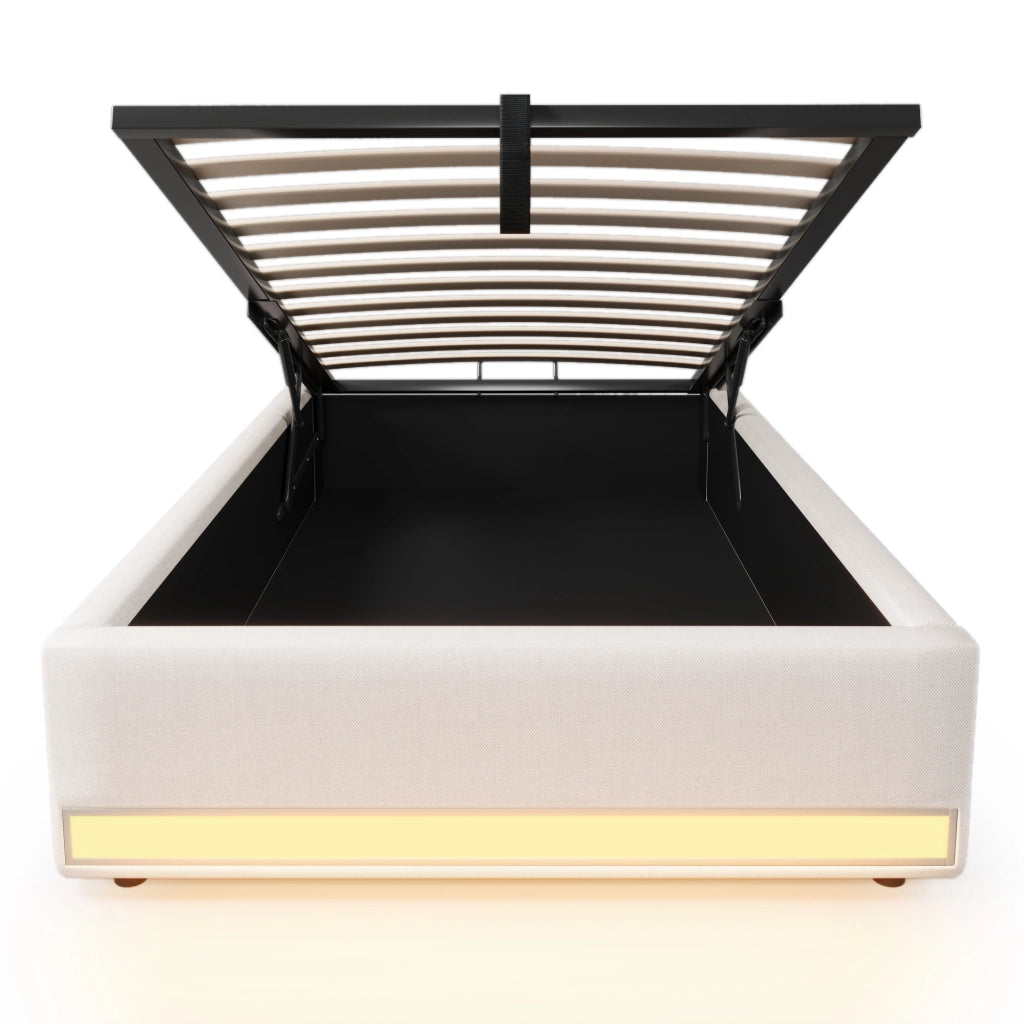 Letto contenitore singolo 90 × 200 cm con LED; USB e Type-C; tasche laterali; senza materasso; lino beige