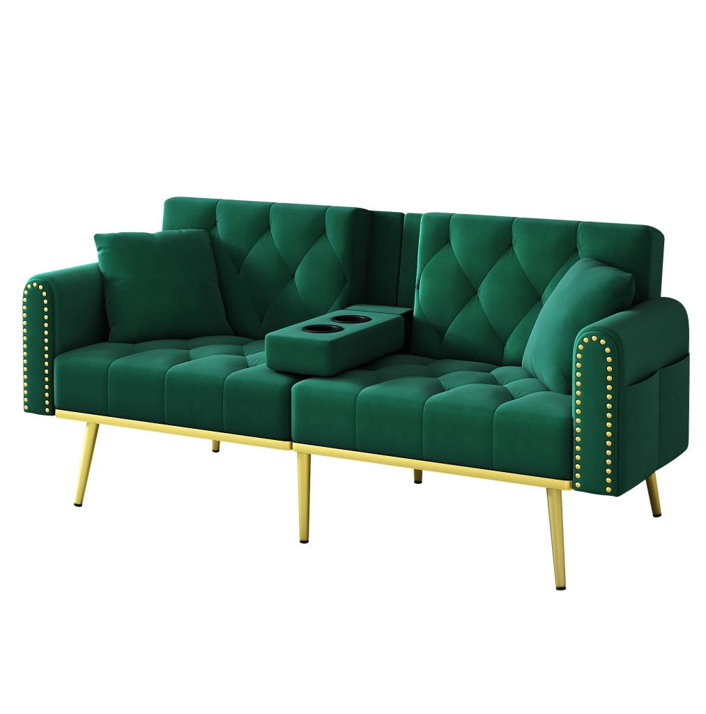 Divano letto 175x80x73,5 cm verde, schienale a 3 posizioni e portabicchieri, velluto