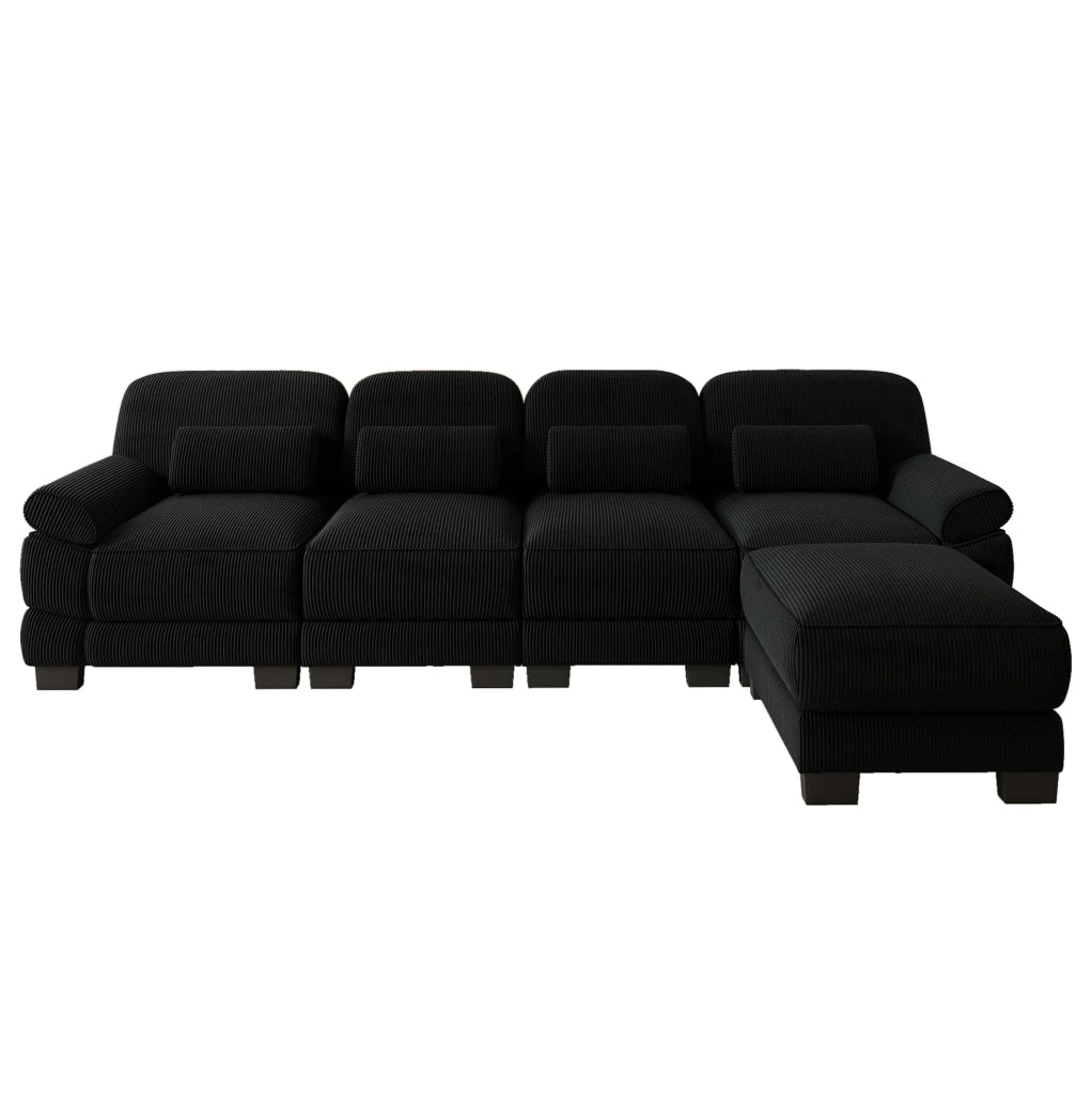 Divano modulare ad angolo in velluto a coste nero con pouf; 336 × 161 × 94 cm