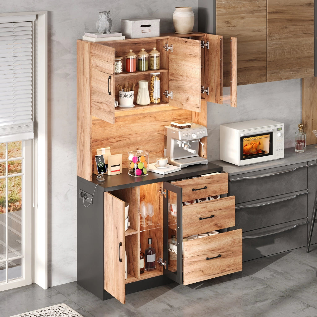 Credenza da cucina alta con 3 cassetti, vetrine, ripiani regolabili, LED e prese, MDF nero, 105 × 40 × 180 cm