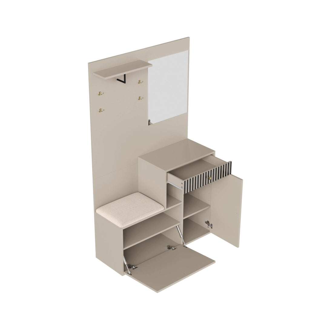 Mobile da ingresso 110x37x185,5 cm in MDF con specchio, seduta e ripiani