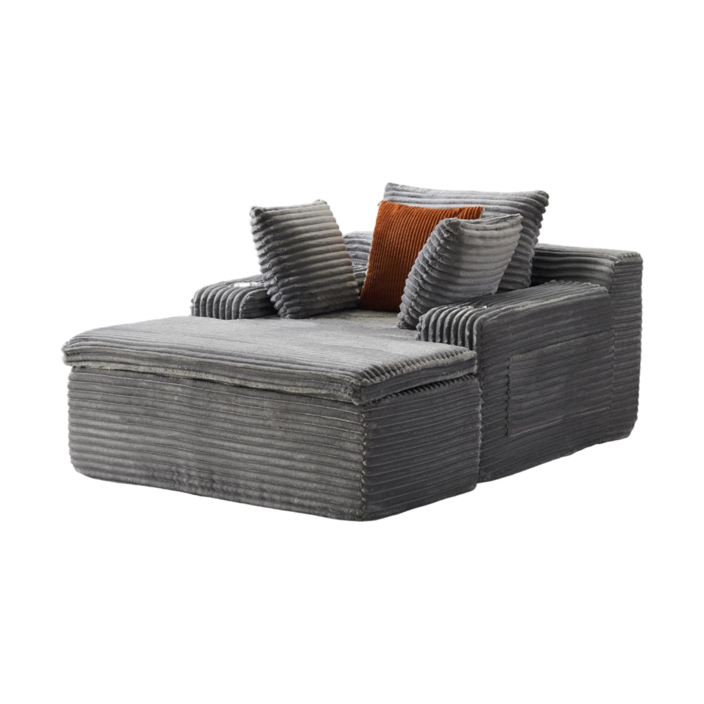 Divano letto senza schienale con chaise longue in tessuto vellutato grigio, 3 cuscini e coperta integrata, senza montaggio