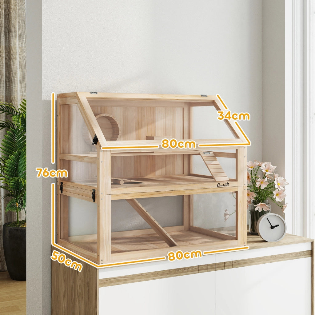 Gabbia per criceti in legno a 3 piani con coperchio ribaltabile e ruota per piccoli roditori 80 x 50 x 76 cm legno naturale