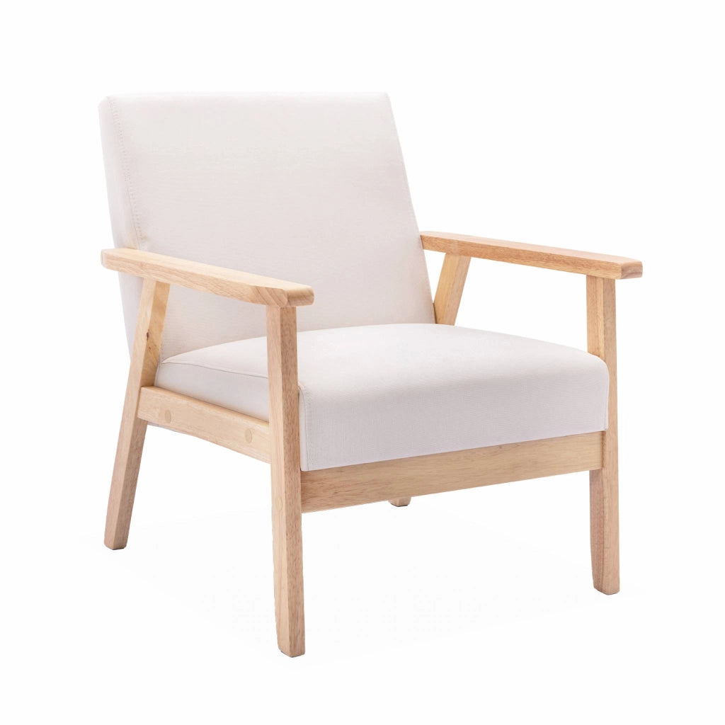Poltrona scandinava in legno e tessuto, crema