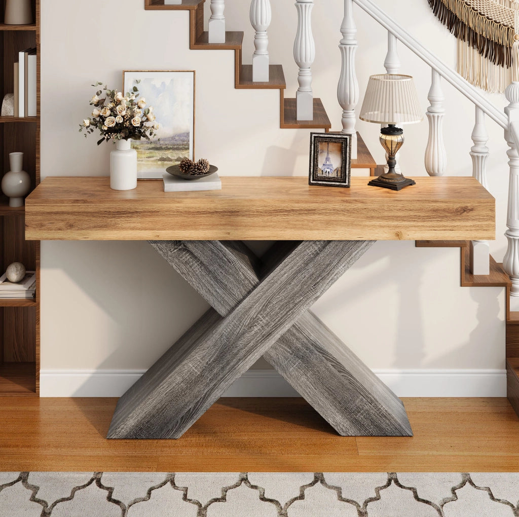 Tavolo Consolle Stretto in Legno 140 x 30 x 80 cm - Struttura Aperta a X Colore Naturale