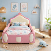 Letto singolo 90 × 200 cm con scivolo e scala LED multicolore imbottito in PU rosa e beige