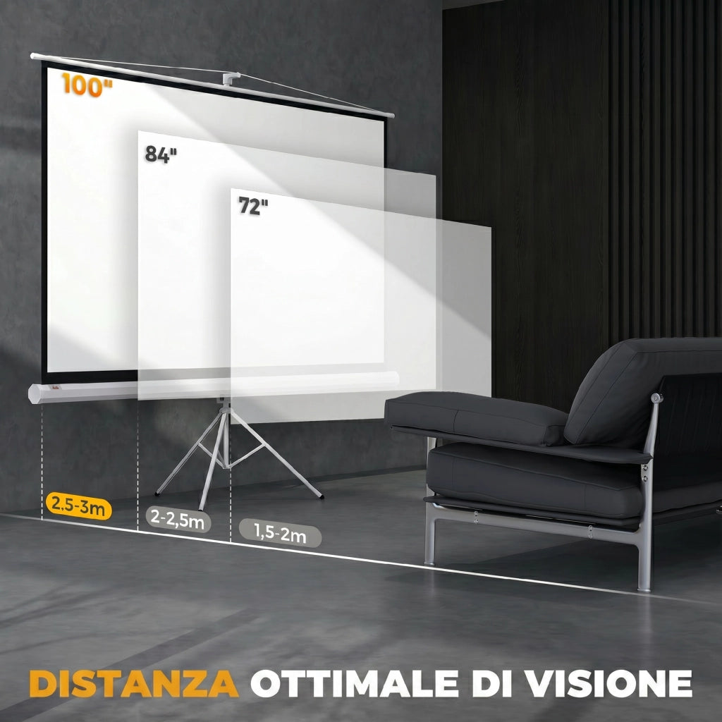 Telo Proiettore Pieghevole da 100" Formato 16:9 con Treppiede Regolabile, 235.8x8x136 cm, Bianco
