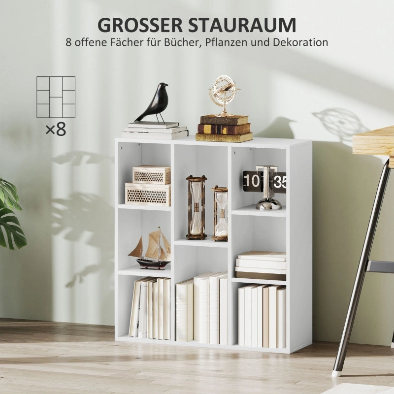 Libreria a 3 livelli con 8 scomparti aperti in legno bianco per soggiorno, camera e ufficio 74,3 × 24 × 80 cm