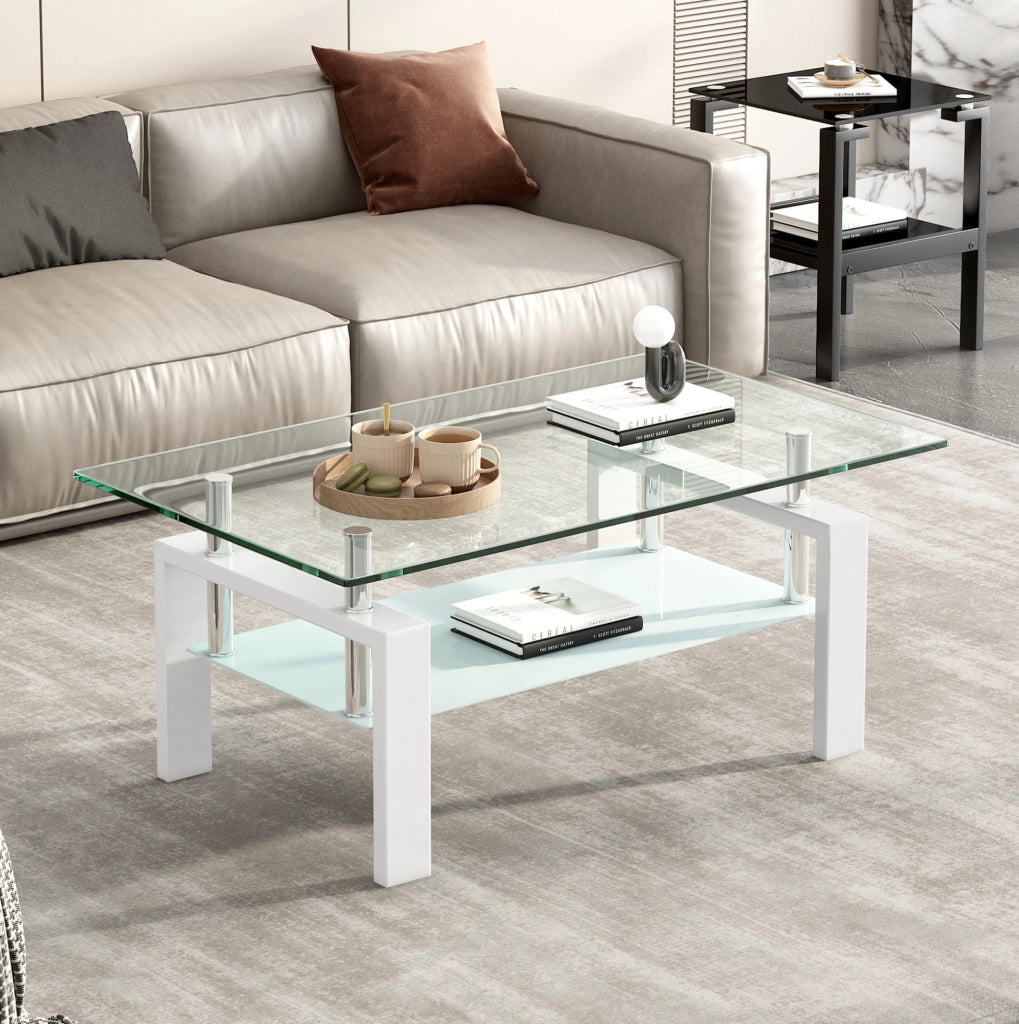 Tavolino da caffè bianco in vetro temperato 100x60x44 cm per soggiorno