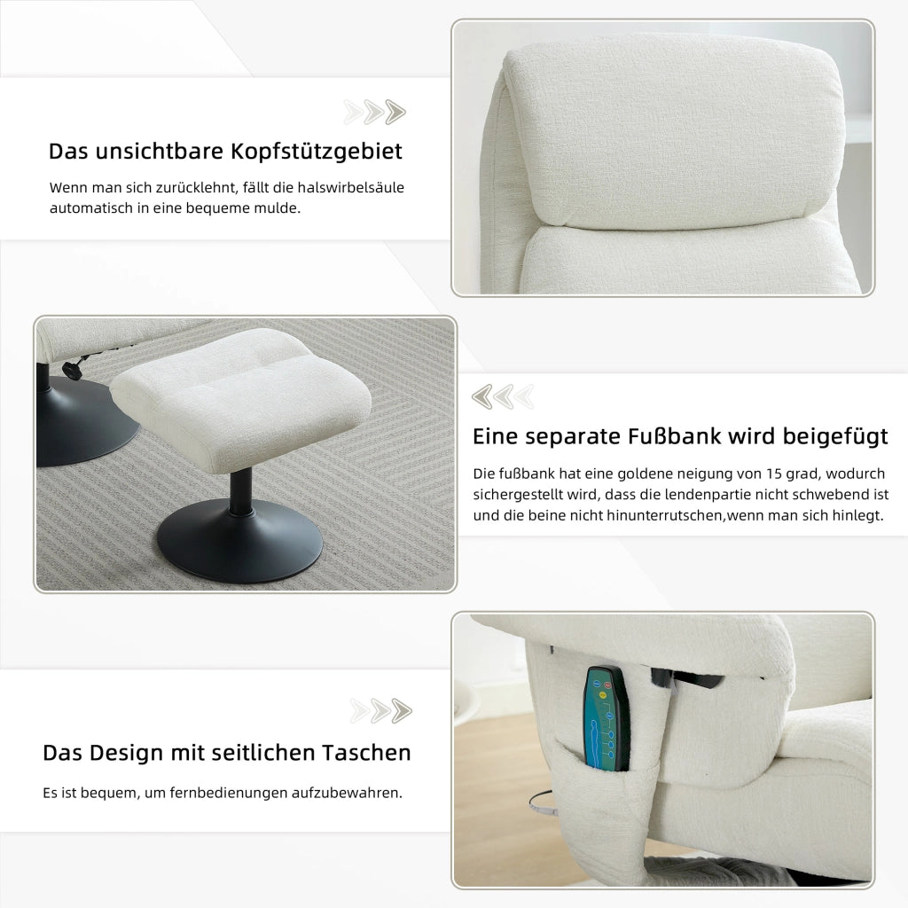 Poltrona relax - con massaggio 5 punti; riscaldamento e pouf - in chenille - bianco