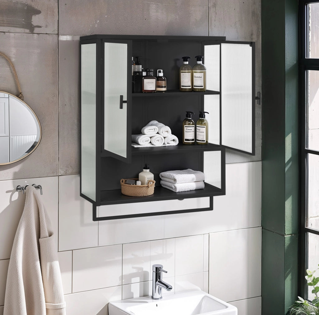 Mobiletto pensile 60x23x78 cm con 2 ante in vetro scanalato; ripiano e porta asciugamani nero HOMVRA