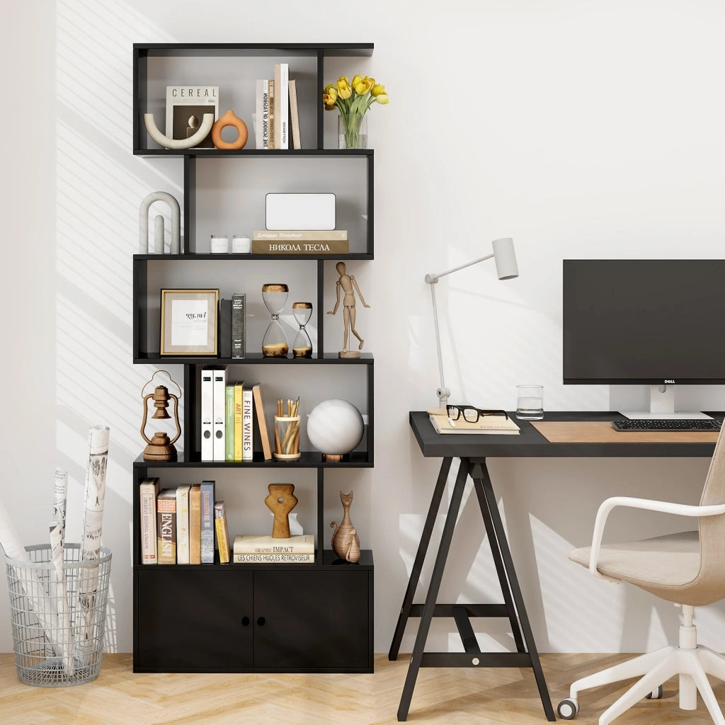 Libreria a 6 ripiani a forma di S con mobiletto ad ante nero, scaffale moderno per soggiorno e ufficio, robusto e facile da montare