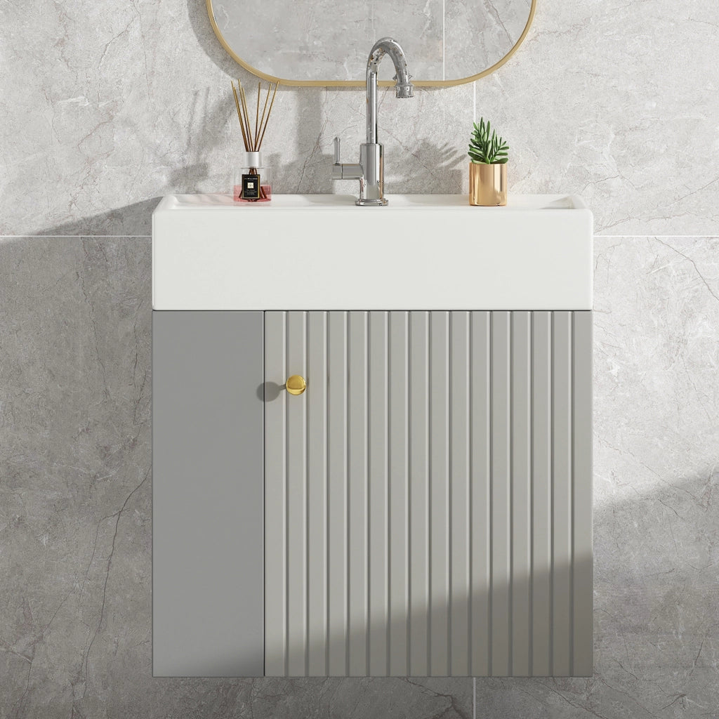 Mobiletto con lavabo in truciolato grigio e bianco con ripiani laterali e lavabo in ceramica 69 × 52 × 32 cm