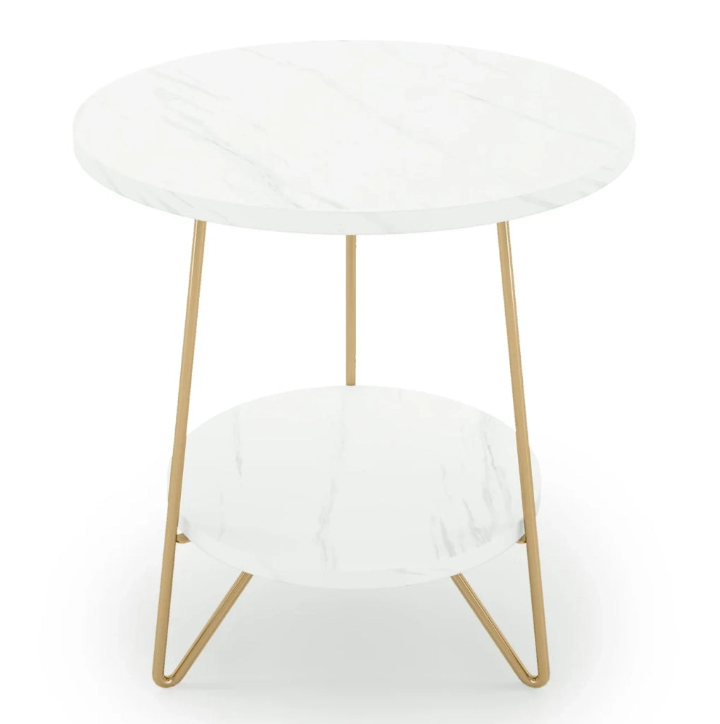 Tavolino rotondo a 2 ripiani 47x47x55 cm effetto marmo bianco e metallo dorato HOMVRA