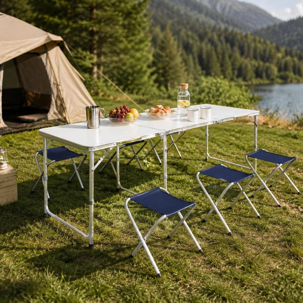 Folding Camping Table With 4 Stools, Height Adjustable, 180x60 Cm
