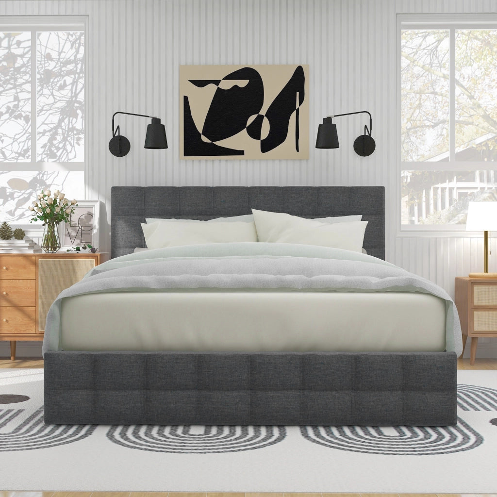 Letto matrimoniale imbottito 140 ¡Á 200 cm con 4 cassetti in lino grigio con materasso e testiera regolabile