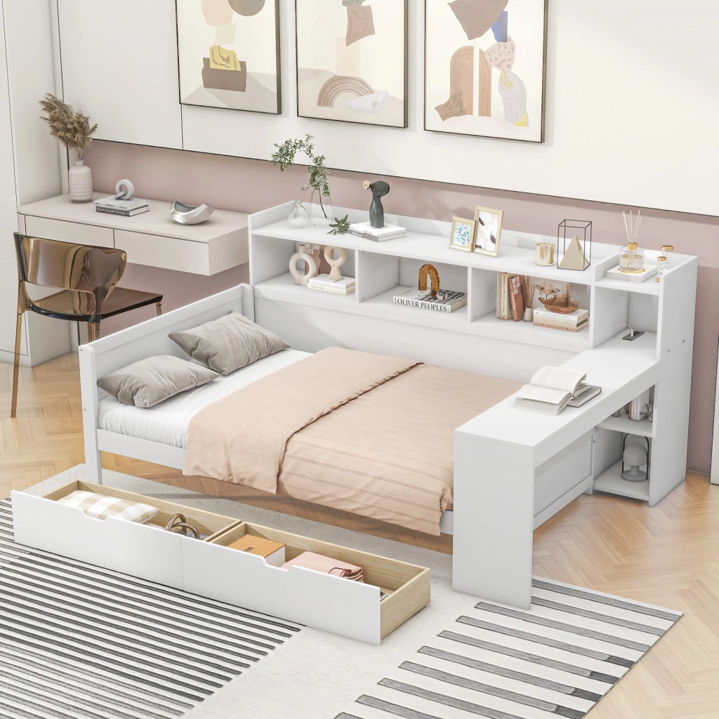 Letto Singolo 90 x 200 cm con USB; prese e 2 cassetti; scrivania in truciolare Bianco