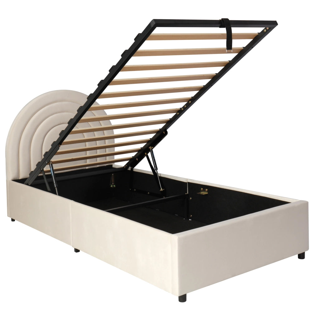 Letto Contenitore Singolo 90x200 cm; 1 Posto - Contenitore Idraulico e Testiera Imbottita - in Velluto - Beige