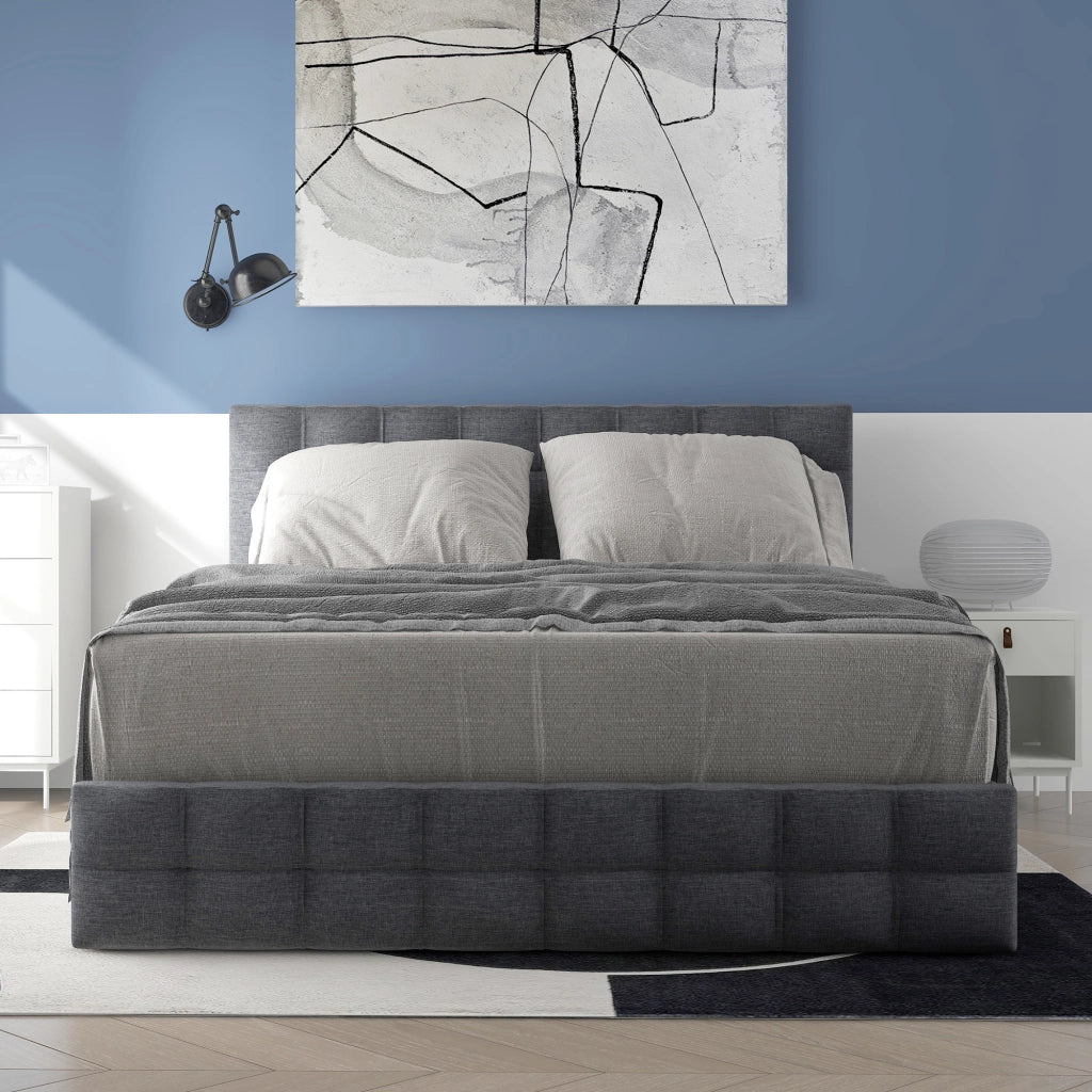Letto matrimoniale imbottito 140 ¡Á 200 cm con 4 cassetti in lino grigio con materasso e testiera regolabile