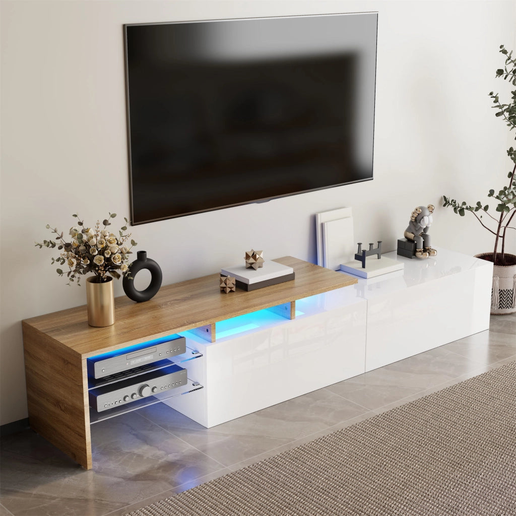 Mobile TV moderno 170 cm bianco e naturale con ripiani in vetro e LED a 16 colori