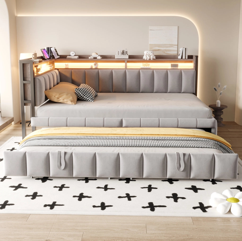 Divano letto estraibile ULEVR 90x200 cm con LED, USB e Type-C, vani portaoggetti, velluto grigio chiaro