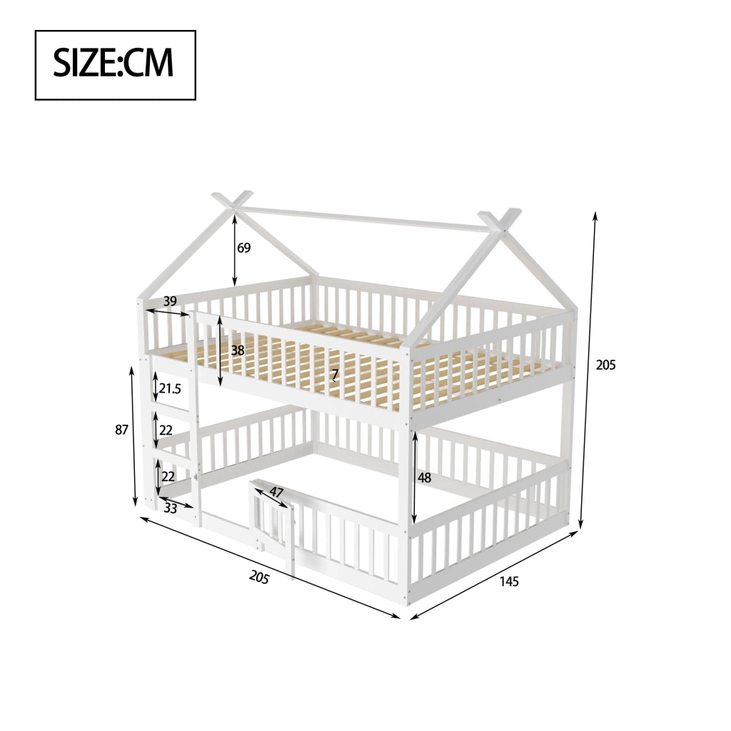 Letto a castello per bambini 140x200 cm con scala integrata, struttura in legno massello bianco e protezioni di sicurezza