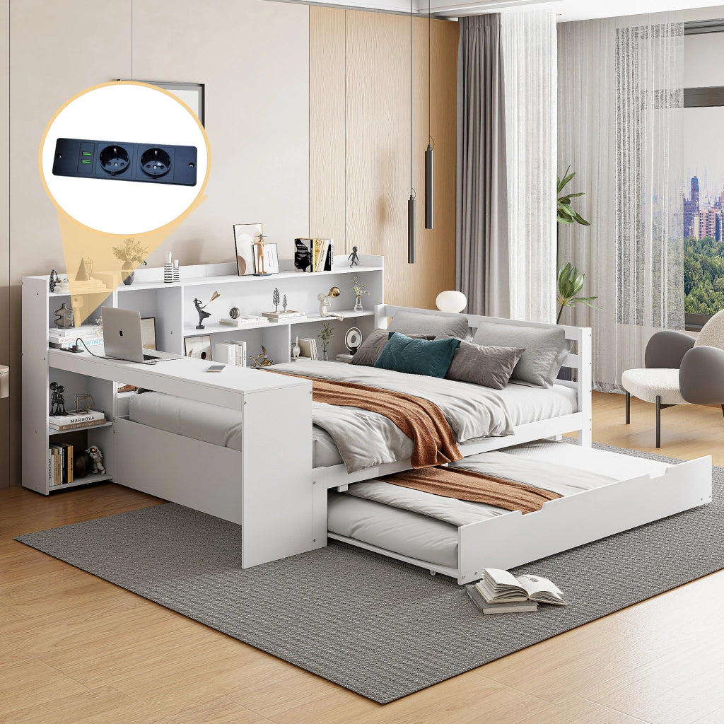 Letto con letto estraibile 140 × 200 cm con scrivania; ripiani; vani e prese USB in legno bianco