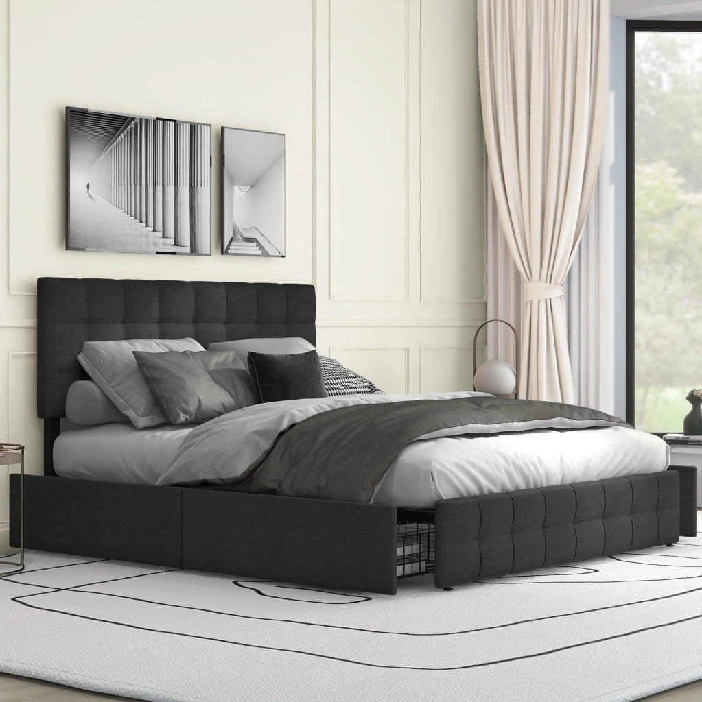 Letto matrimoniale 140x200 cm in lino nero con 4 cassetti e contenitore
