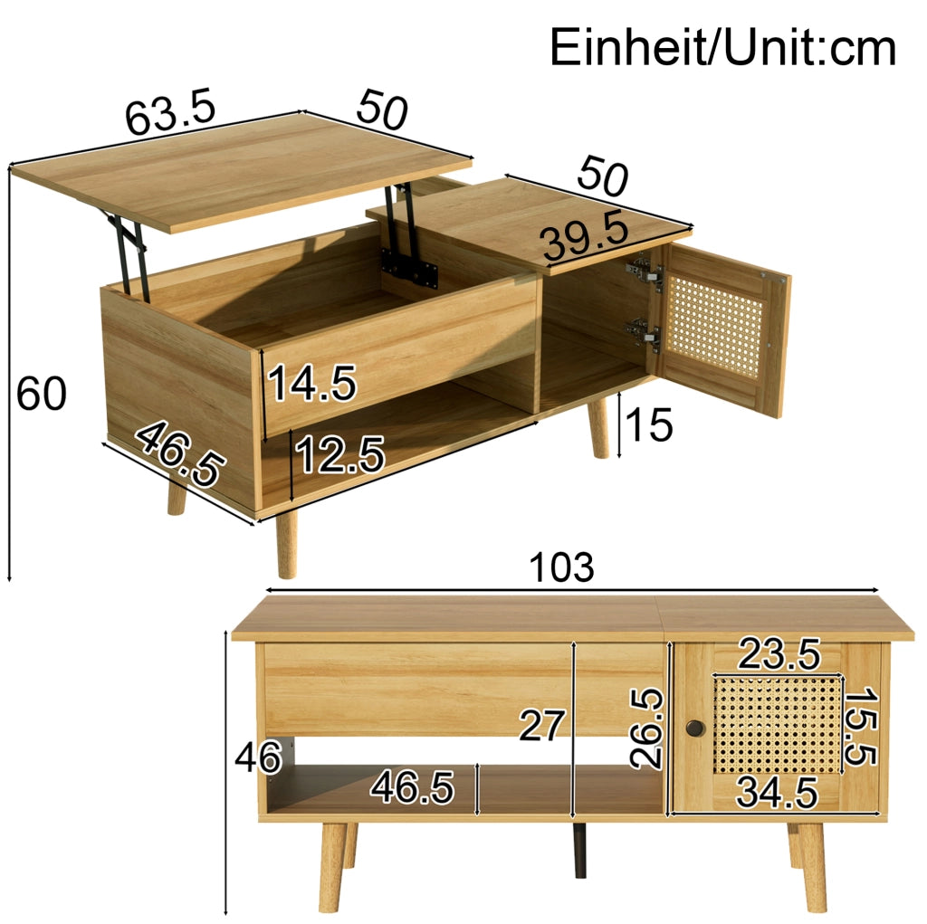 Tavolino da salotto con piano sollevabile 103x50 cm in legno e nero; con vano contenitore