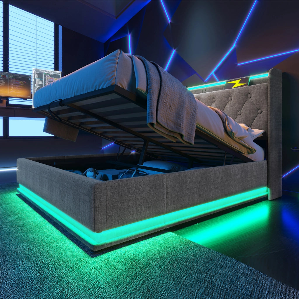 Letto matrimoniale contenitore 140 × 200 cm in lino grigio con materasso LED 360° USB e Type-C
