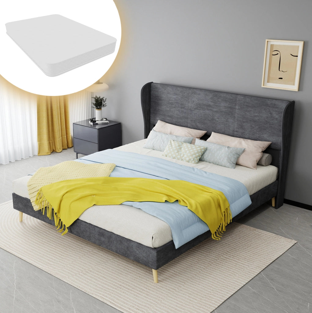 Letto Imbottito Moderno 160x200 cm con Testiera Morbida in Velluto Grigio, Base Bassa Senza Contenitore